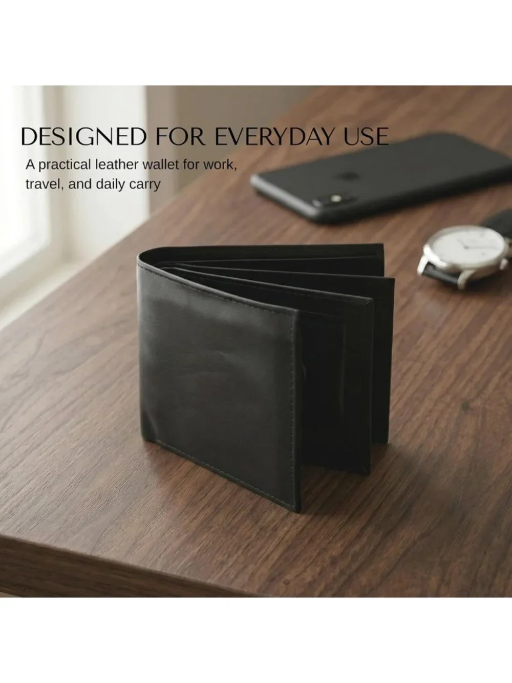 Stylish Black Bifold Leather Wallet for Men, 3 ID Windows & Zipper Pocket
